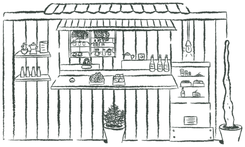 Desenho da fachada da kolosso, com balcão de madeira, plantas e vitrine